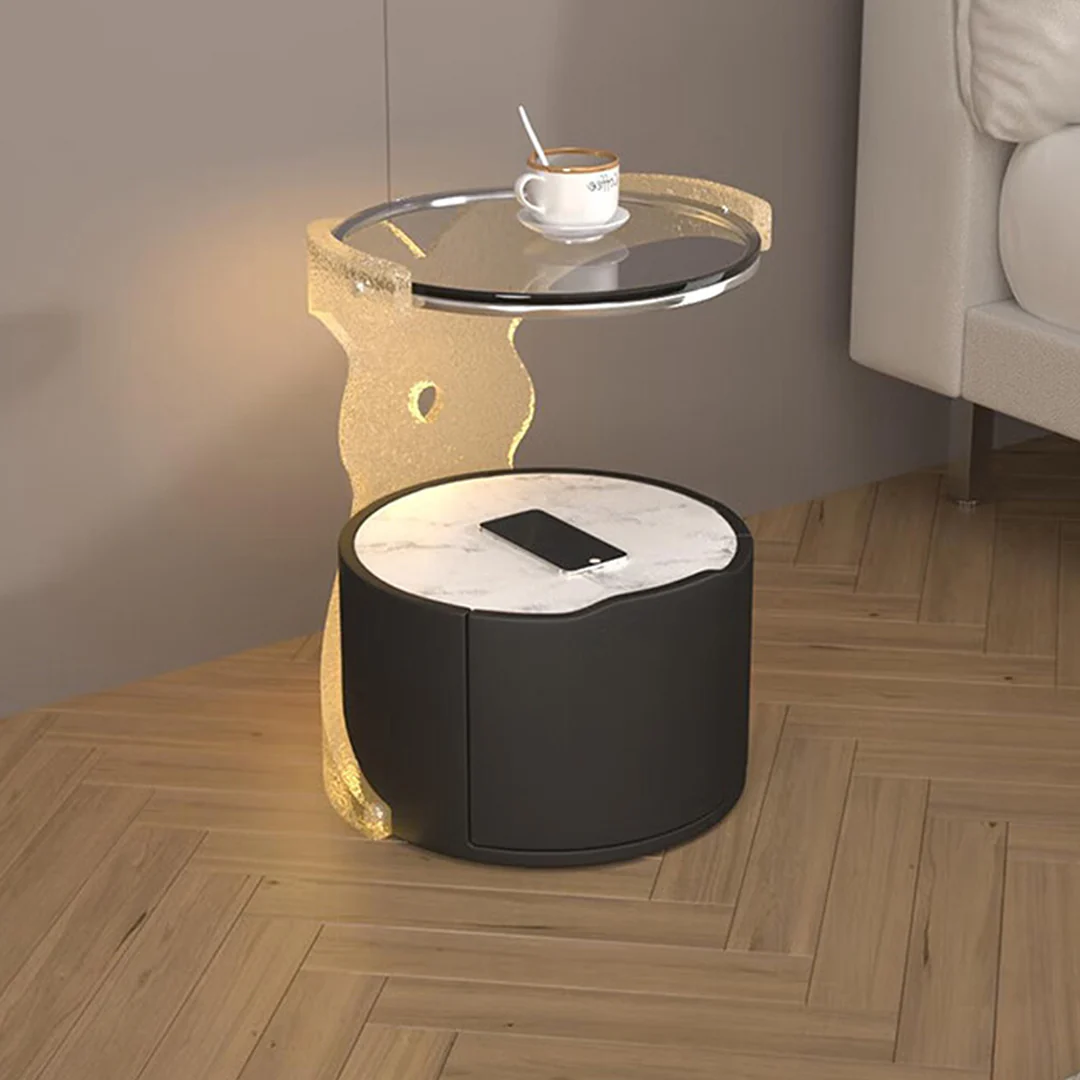 Hutton Round Bedside Table With Storage & Light Strip - Image 9