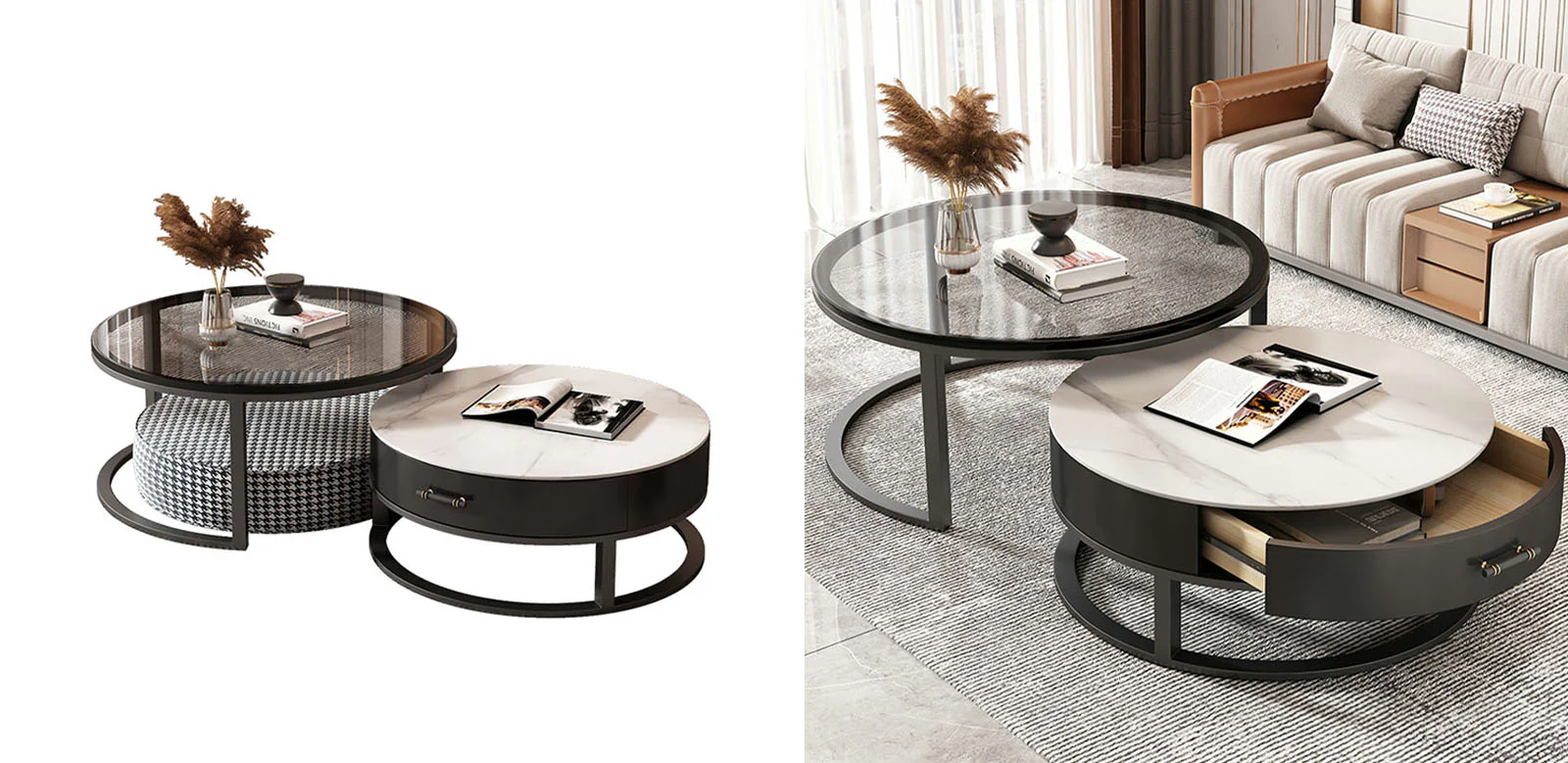 Kev Nesting Coffee Table With Ottoman, Glass - Image 5