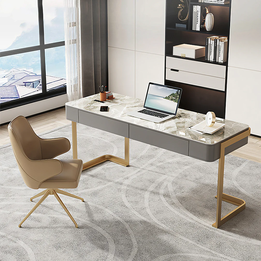 Leila Home Office Desk With Drawers, Grey & Gold - Image 2