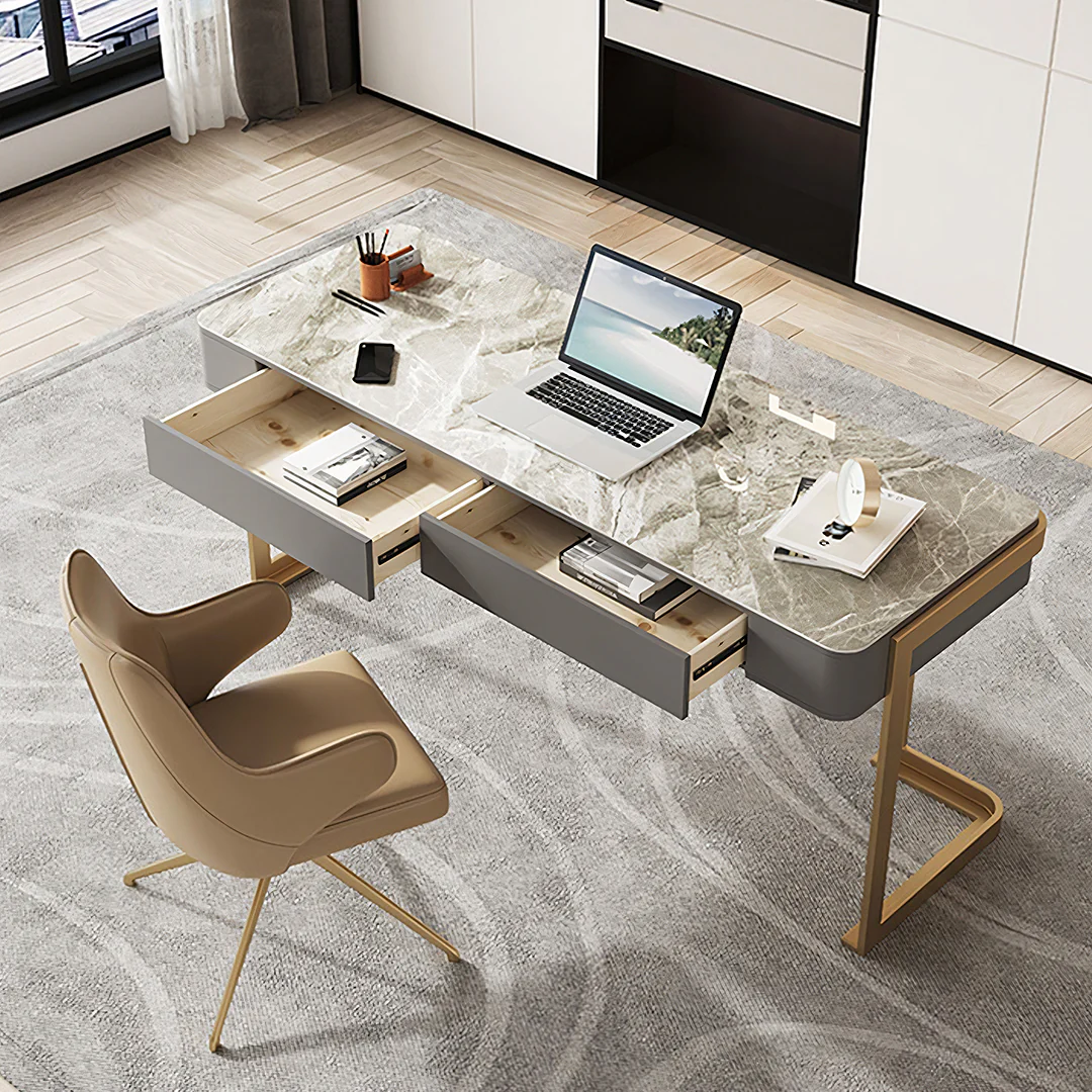 Leila Home Office Desk With Drawers, Grey & Gold - Image 3