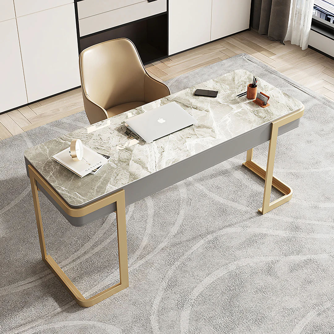 Leila Home Office Desk With Drawers, Grey & Gold - Image 4