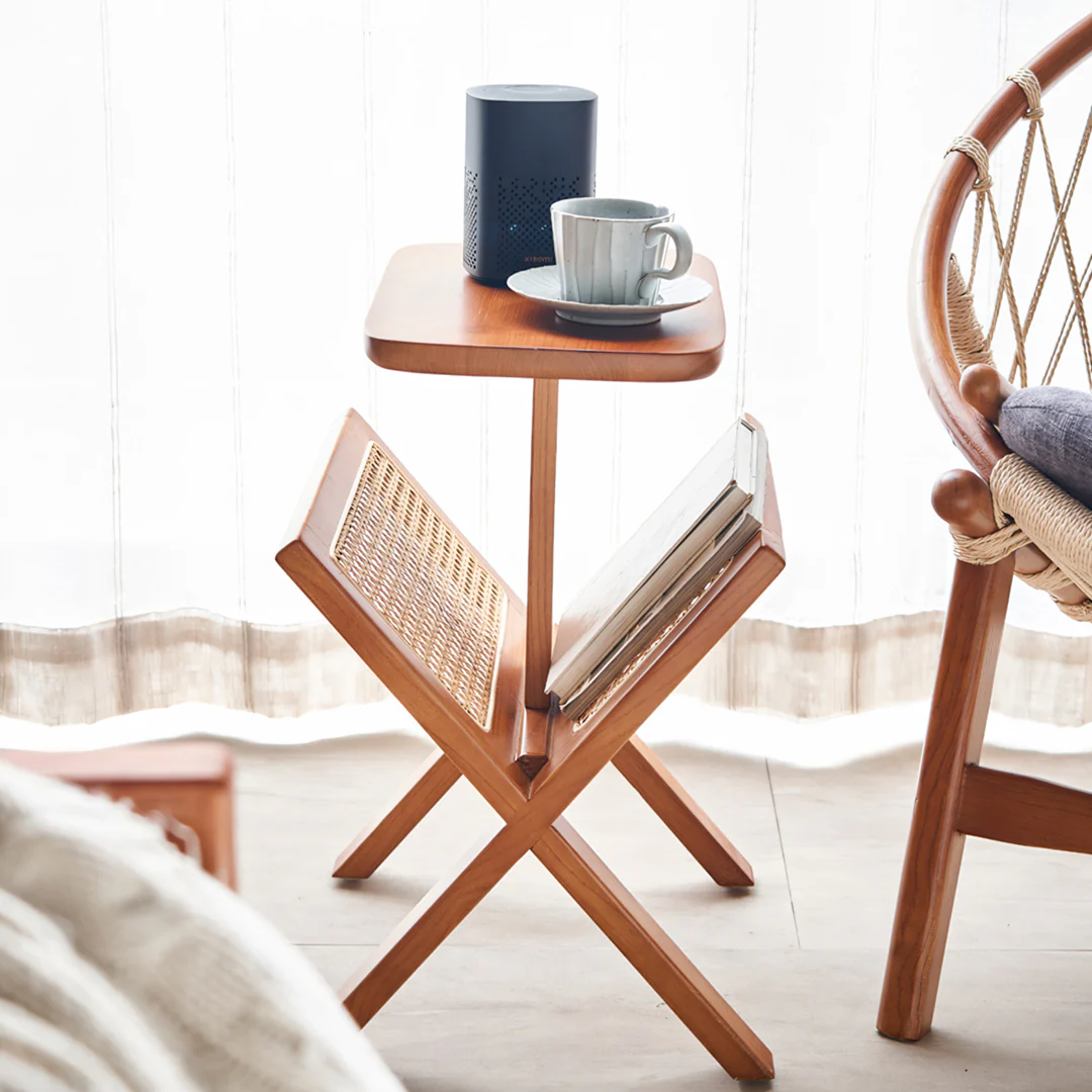 Lucas Side Table With Magazine Rack, Solid Wood & Rattan - Image 2