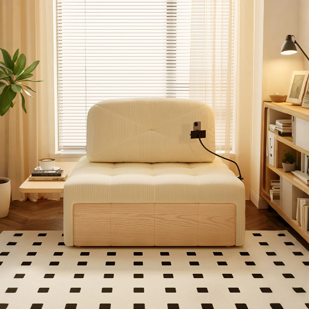Makhmud Single Seater Sofa Bed With Foldable Side Table & Phone Holder, Corduroy - Image 2