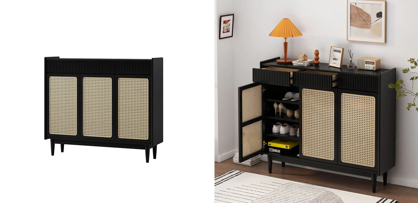 Merton Rattan Shoe Storage With Drawer, Black - Image 5