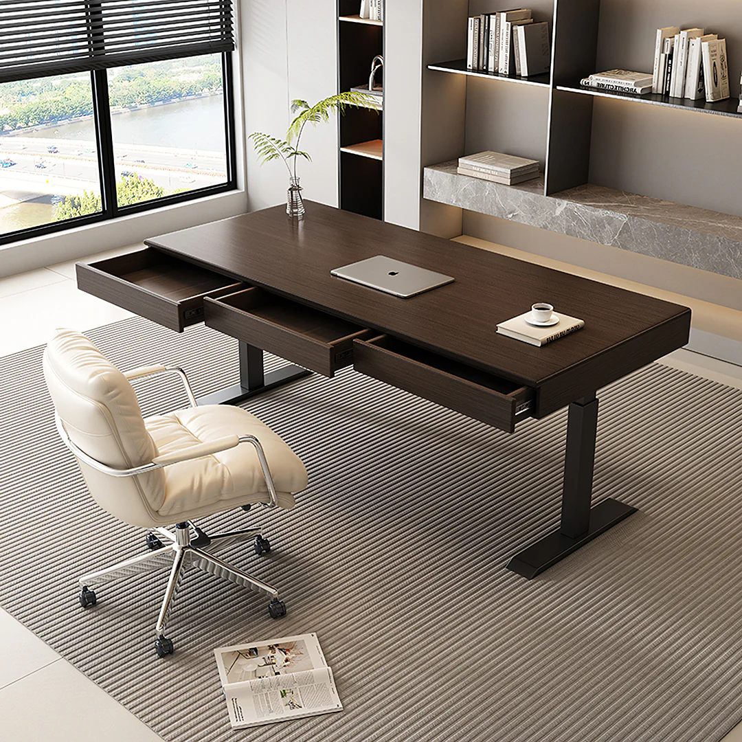Moreno Electric Standing Office Desk With Storage, Solid Wood - Image 3