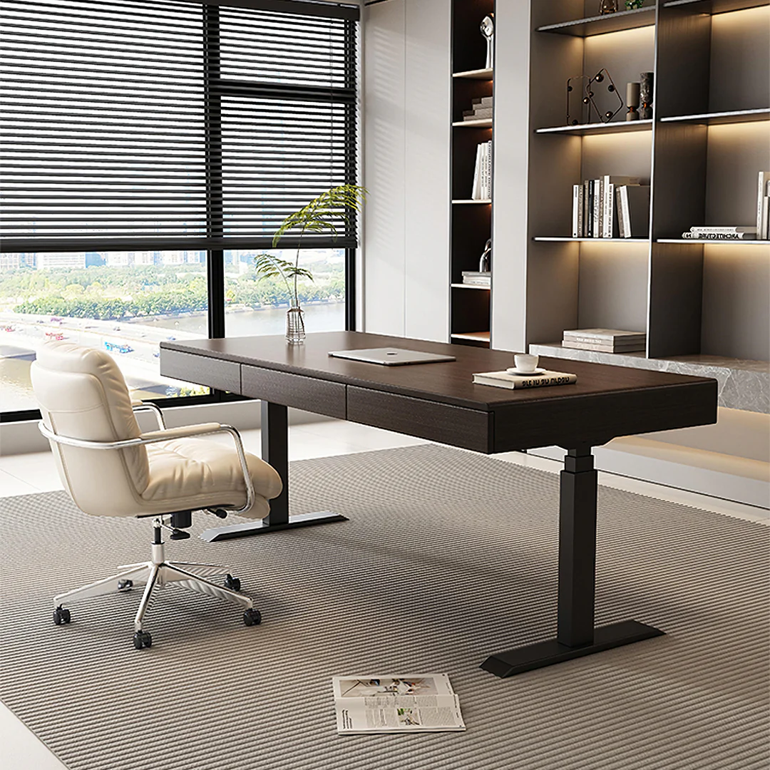 Moreno Electric Standing Office Desk With Storage, Solid Wood - Image 4
