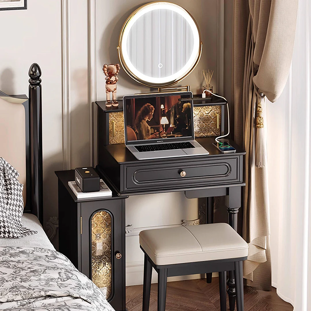 Nguyen Dressing Table With Side Cabinet & LED Mirror, Black - Image 3
