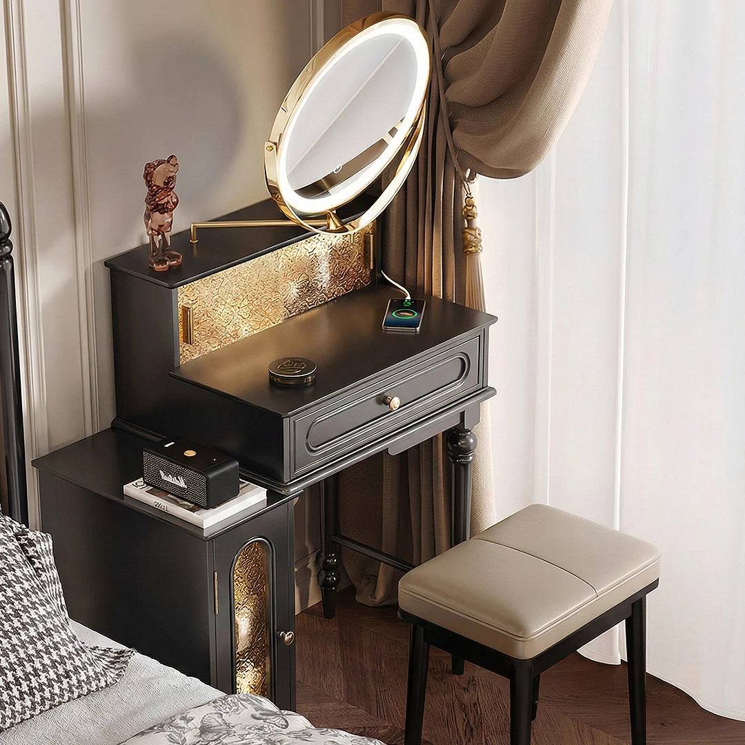 Nguyen Dressing Table With Side Cabinet & LED Mirror, Black - Image 4