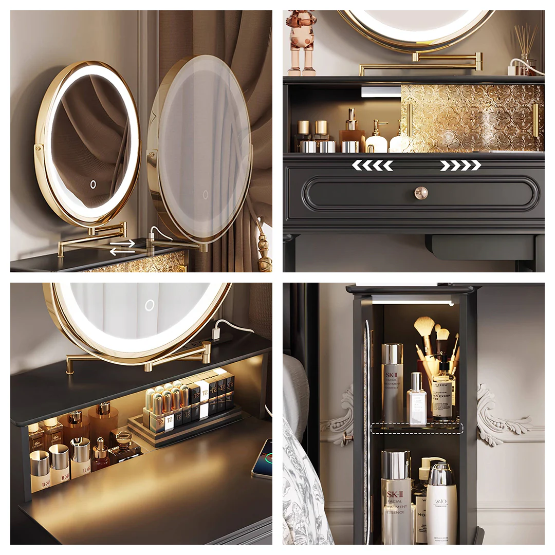 Nguyen Dressing Table With Side Cabinet & LED Mirror, Black - Image 7