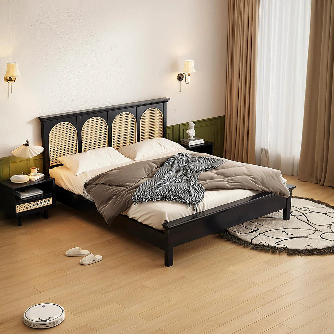 Rosemary Double Bed / King Size / Super King Size, Black Wood With Rattan - Image 3