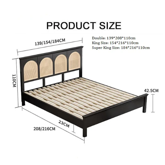 Rosemary Double Bed / King Size / Super King Size, Black Wood With Rattan - Image 7