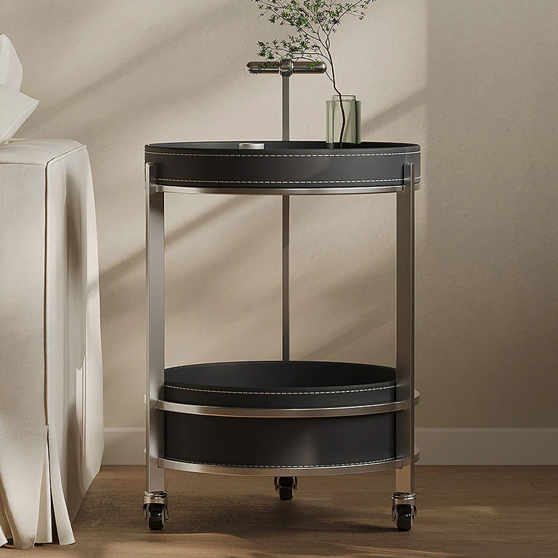 Willis Round Side Table, Movable Trolly, Black - Image 5